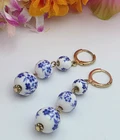 Hand-Painted Floral Milk Glass 3-Ball Drop Earrings Brass Leverback 2" Vintage