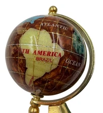 Gemstone Inlaid Globe 5.5” Desk Decor Semi Precious Stone World Globe Brass Base