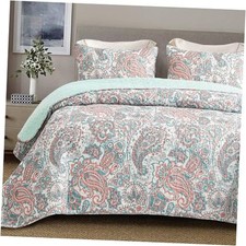 Reversible Boho Quilts King Size, Aqua Bedspreads King 96"x104" Paisley Aqua