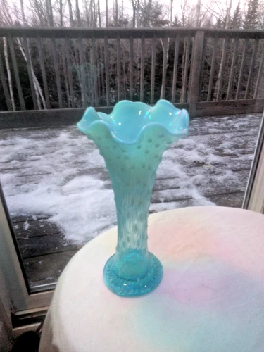Beautiful Fenton Blue to White Opalescent Hobnail Swung Vase- 10" Tall Mint
