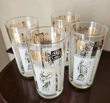 4 Vintage Greek Cameo High Ball Iced Tea Drinking Glasses Barware White Gold  