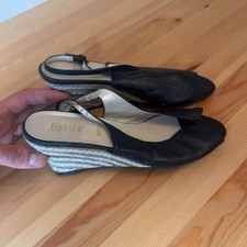 Lotus Plus Sandals Womens UK 6 Black Leather Wedge Espadrille Buckle Summer