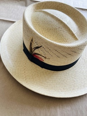 Vintage Genuine Panama Hat Hand Weave Straw Hat Size 7 1/8 Feather Detail