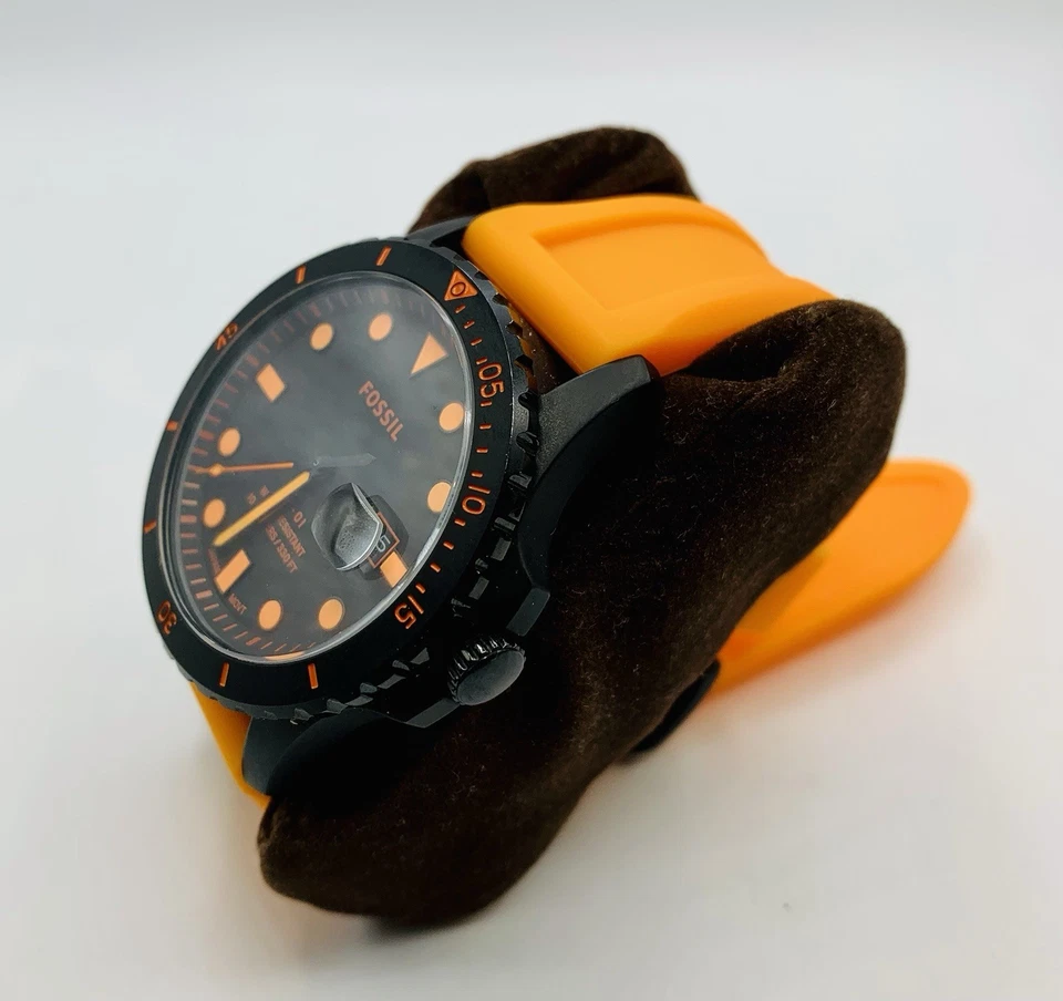 Reloj Hombre Vintage Fossil Negro PVD Naranja Banda Silicona Excelente Estado Foto 3 de 4