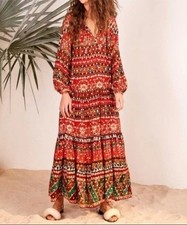 NWT Anthropologie Farm Rio Red Tropical Gold Shine Maxi Dress Size S