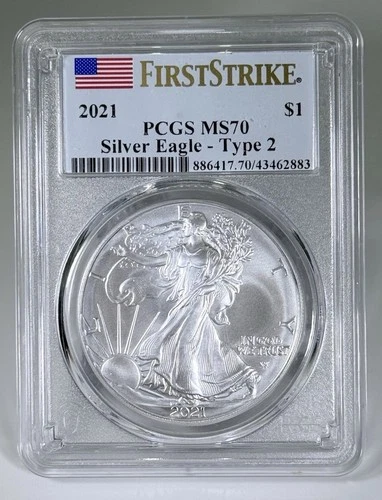 2021 $1 Silver American Eagle Type 2 PCGS MS70 First Strike - Blue Flag Label