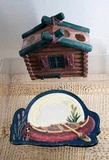 Forest Log Cabin Toothbrush Holder Woodland Rustic Cabin  Canoe Soap Dish Set