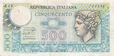 Italy  500  Lira  20.12.1976  P 95  Series  A 19  Circulated Banknote MPCH