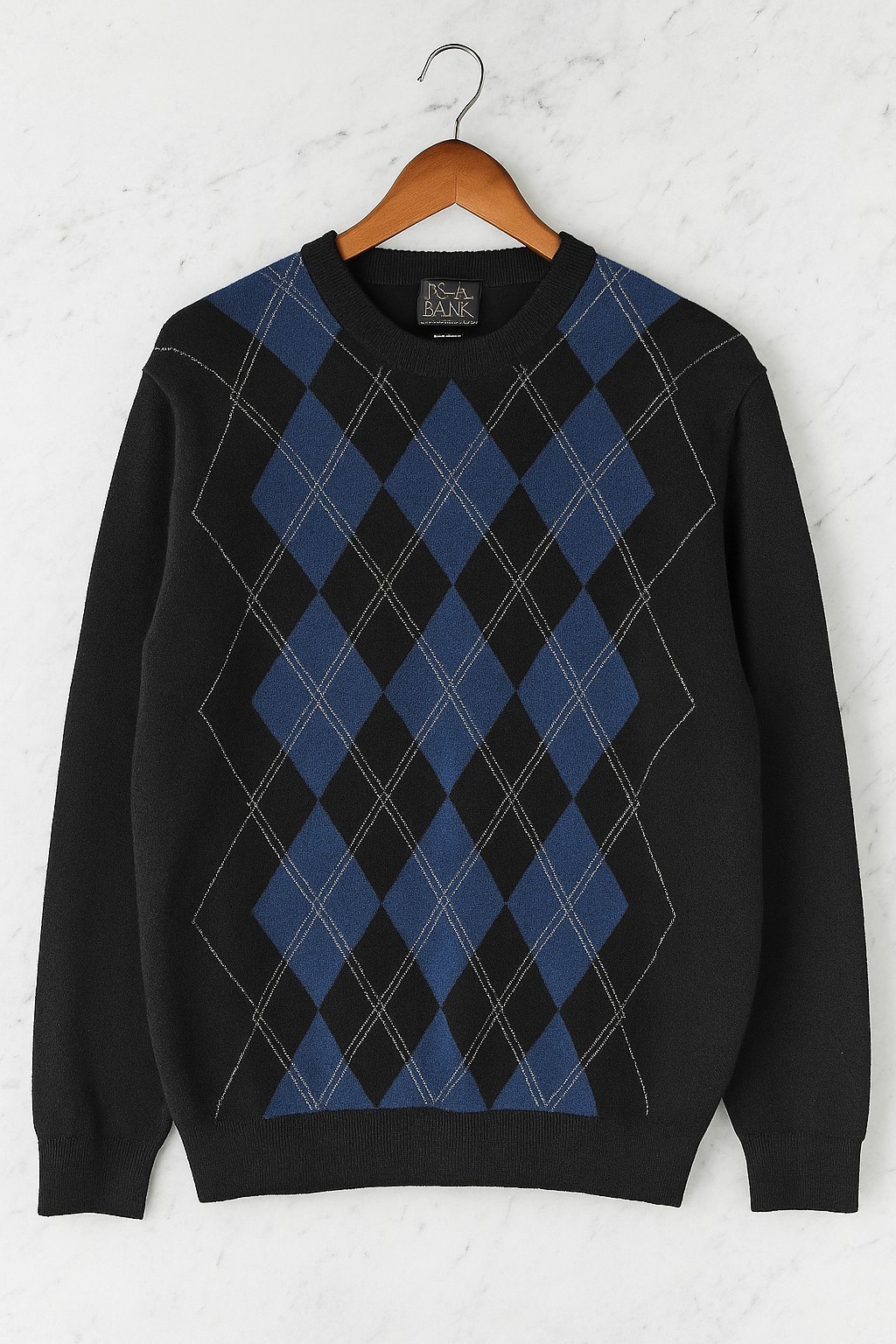Jos. A. Bank Mens Black Argyle Lambs Wool Blend V Neck Sweater Large Preppy Goth