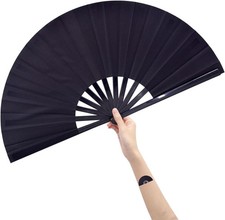 Large Folding Fan, Chinease/Japanese Folding Nylon-Cloth Hand Fan, Women Black