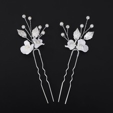 2 PCS Silver Flower Bridal Hair Pins, Pearl Leaf, Wedding Hair Piece Accessory
