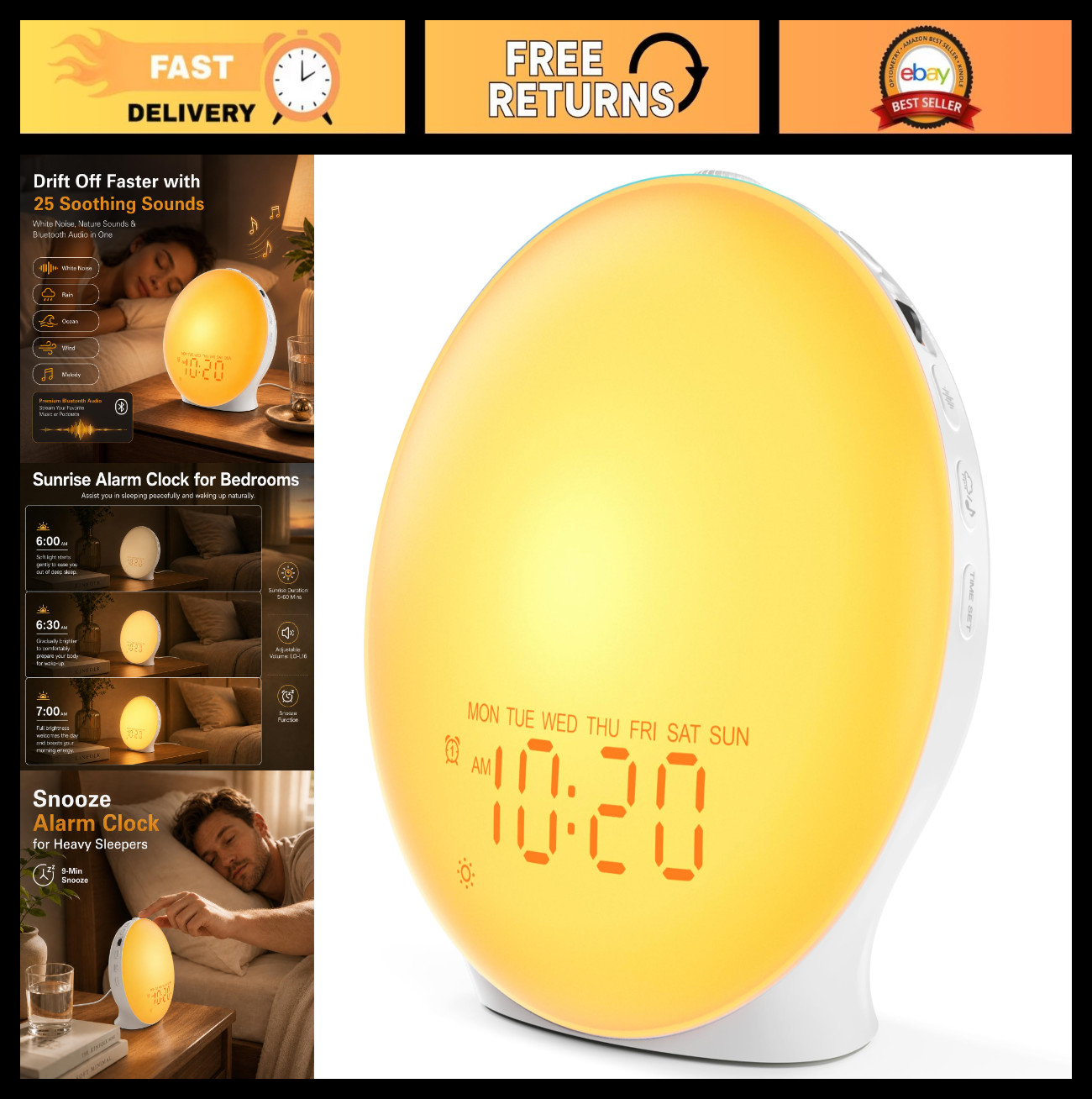 Sunrise Alarm Clock with White Noise, 25 Nature Sounds, Dimmable Display, Blueto