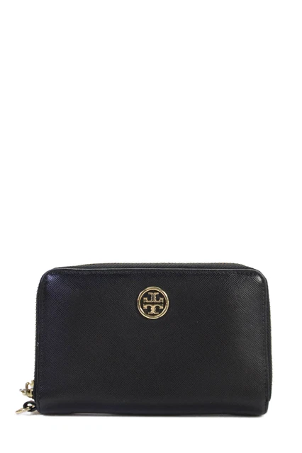 Tory Burch Womens Leather Gold Tone Zip Around Wallet Black