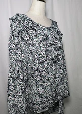 I.N. Studio Blouse Shirt Top 3X Knot Women 3/4 Ballon Sleeve Button Green Black