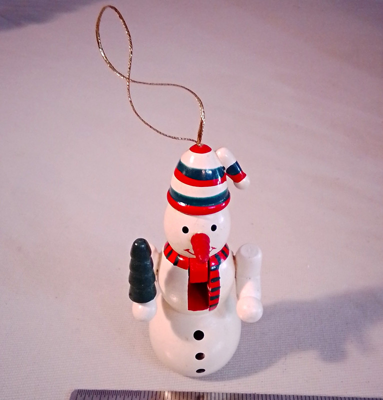 Wooden Snowman Ornament White w/ Red Scarf Striped Hat 3 in Hanging Christmas