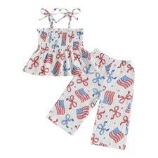 VISGOGO 4th of July Toddler Girl Outfits Smocked Strap 18-24 Months, Bow flag