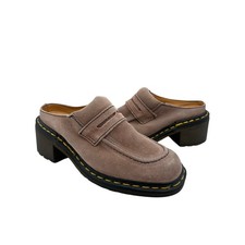 RARE VTG Dr Martens Block Heel Slip On Leather Mule Clogs Shoes Gray Suede 8