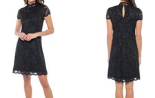 Marina Women's Dress Lace Scalloped Black Key Hole Mock Neck Short Sleeve Large