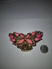 Vintage Pink Butterfly Hair Barrette Claw Clip Gold Tone TT8