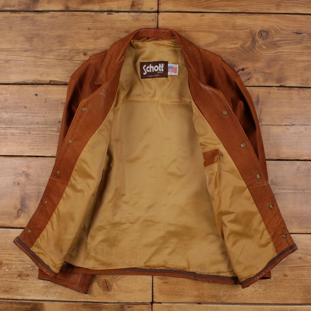 Chaqueta de Cuero Schott De Colección M 40 Para Hombres Años 90 Marrón Hecha en EE. UU. Camionero Bolsillo D