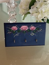 Lovely Blue Wood Key Holder Hand Painted Floral 3 Hooks