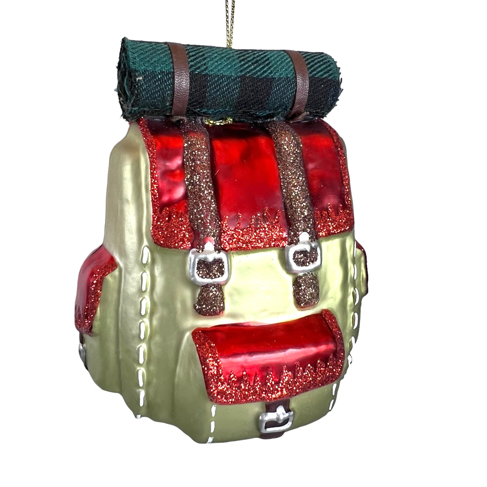 Hiking Backpack Blown Glass Christmas Ornament 4 Inch Red Plaid Backpacking Gift-image