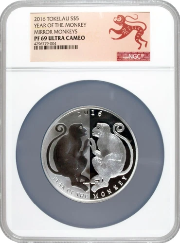 2016 $5 Tokelau Year Of The Monkey Mirror Monkeys 1 oz .999 Silver NGC PF69 UC