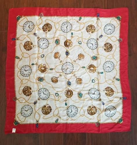 Vtg Silk Scarf Antique Clocks Watches Chains Beige Gold Red 31x31 made in Japan  - Picture 4 of 10