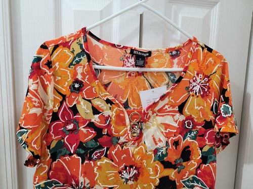 NWT | BYDesign Women's Top Pull Over Orange Floral Textured Stretch Short Sleeve - Picture 10 of 16
