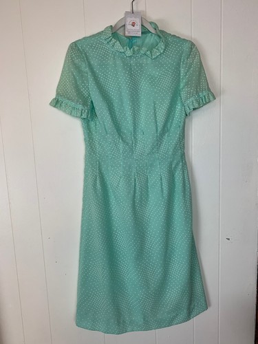 Vintage Mint Robins Egg Blue 60s Ruffle Flocked Polka Dot Dress Bust: 36” Med - Picture 3 of 8