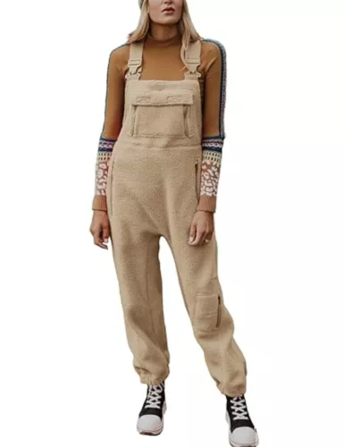 Women Fuzzy Fleece Overall Jumpsuits Casual Loose Fit Winter Sherpa Bib Overalls - Picture 10 of 24