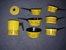 Vintage Aluminum Specialty Childrens Chef Kitchen Cooking Pots, Pans, Coffee Pot