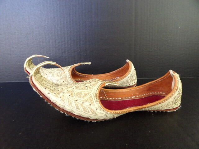 PANTOFOLA D’ORO Scarpa Khussa vintage filo oro ricamato pelle indiano Pakistan punta arricciata