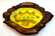 Treasure Craft California 1963 Ashtray Yellow Drip Glaze Wood Grain Rim VTG