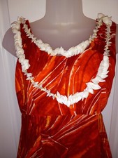 Vintage 60s Barkcloth Hawaiian Watteau Seashell Dress Abstract Print Tiki O S