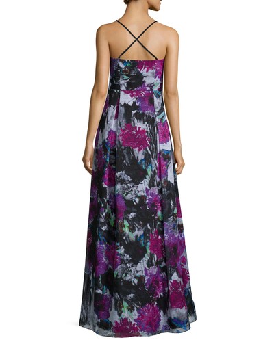 Phoebe ~ Floral Metallic Georgette V-Neck Strappy A-Line Evening Gown 8 NEW $450 - Picture 2 of 6