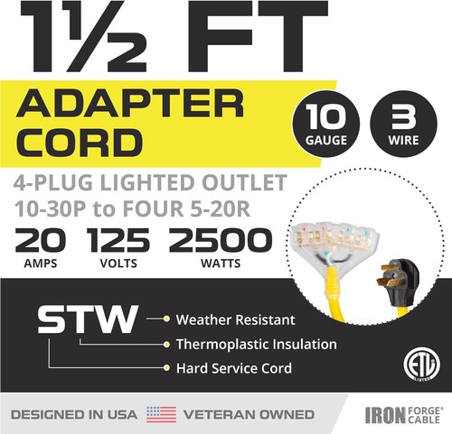 IRON FORGE CABLE 30 Amp to 20 Amp RV Electrical Adapter Power Cord, 1.5 Ft -10/3 - Picture 2 of 2