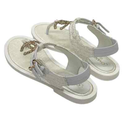 CHANEL G34818 COCO Mark Stone Thong Sandals 38.5C White