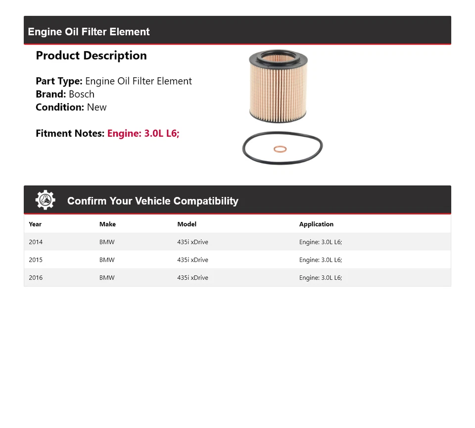 Filtro de aceite Bosch Premium 2015 para BMW 435i xDrive 2014-2016 3,0 L L6 Foto 2 de 3