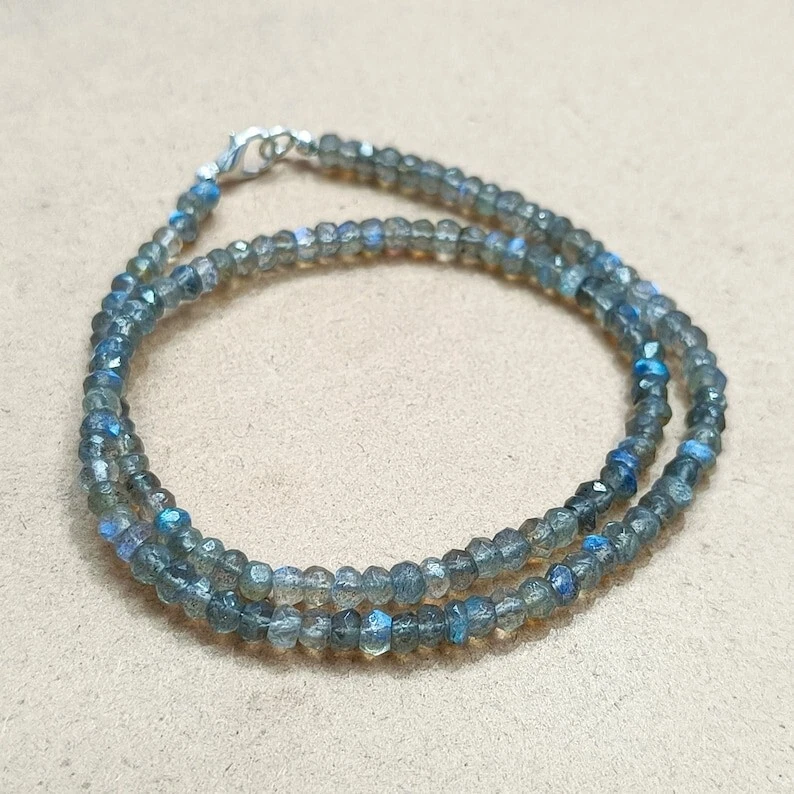 Natural Blue Flashy Labradorite Faceted Rondelle 4MM Gemstone Beads Necklace 18" - Image 4 of 4