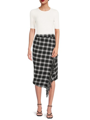 Time and Tru Women Fringed Faux Wrap Skirt Black Plaid Size X-Large (16-18) - Picture 4 of 5