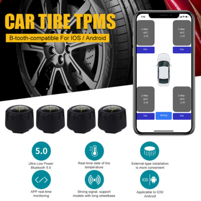 4 External TPMS Sensors – Bluetooth 5.1 Tire Pressure Monitoring System – ABS+PC – Unbranded – Easy DIY Install
