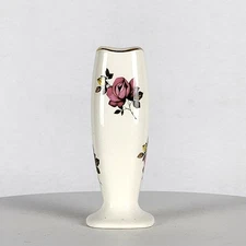 Vtg Lord Nelson Pottery 5" Bud Vase w/Gold Trim Pink Roses Floral Print -England