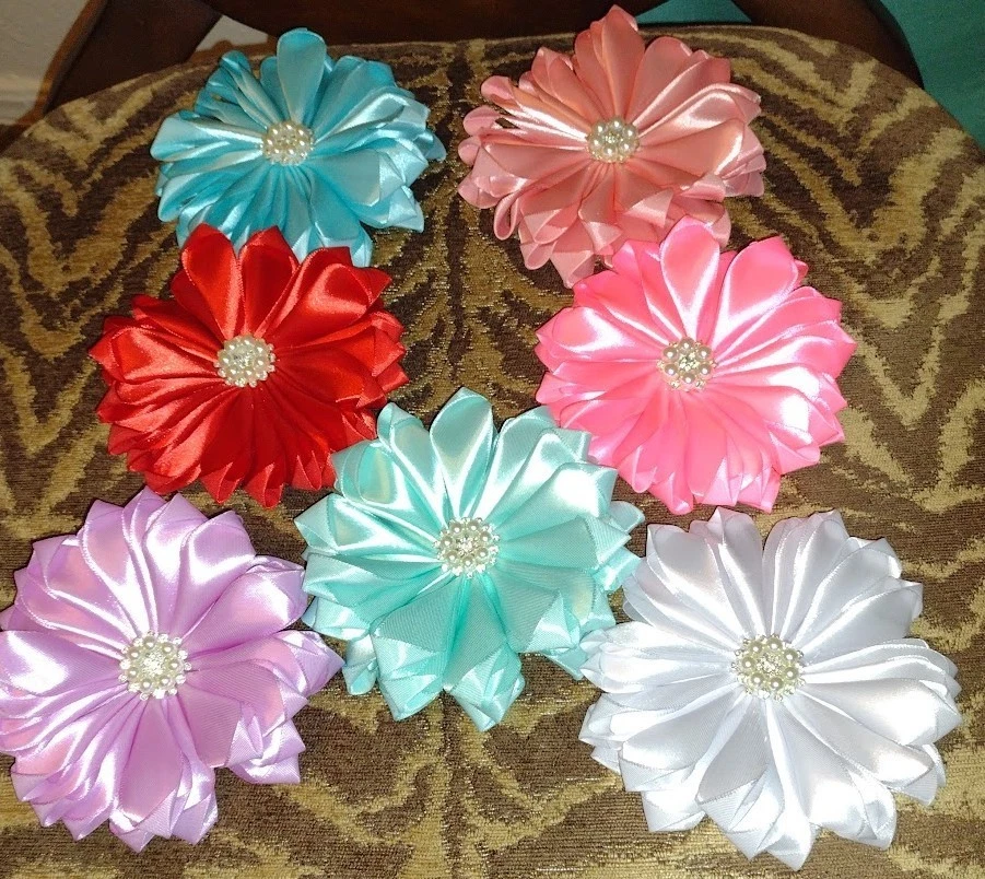 1 PCS Extra Large Flower Brooch  Beige  Dance Party Women Handmade Satin Jewelry - Image 2 of 4