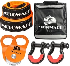 Off Road Recovery Kit Snatch Block 3"x8' Tree Saver Strap & 3/4" D Rings Shackle