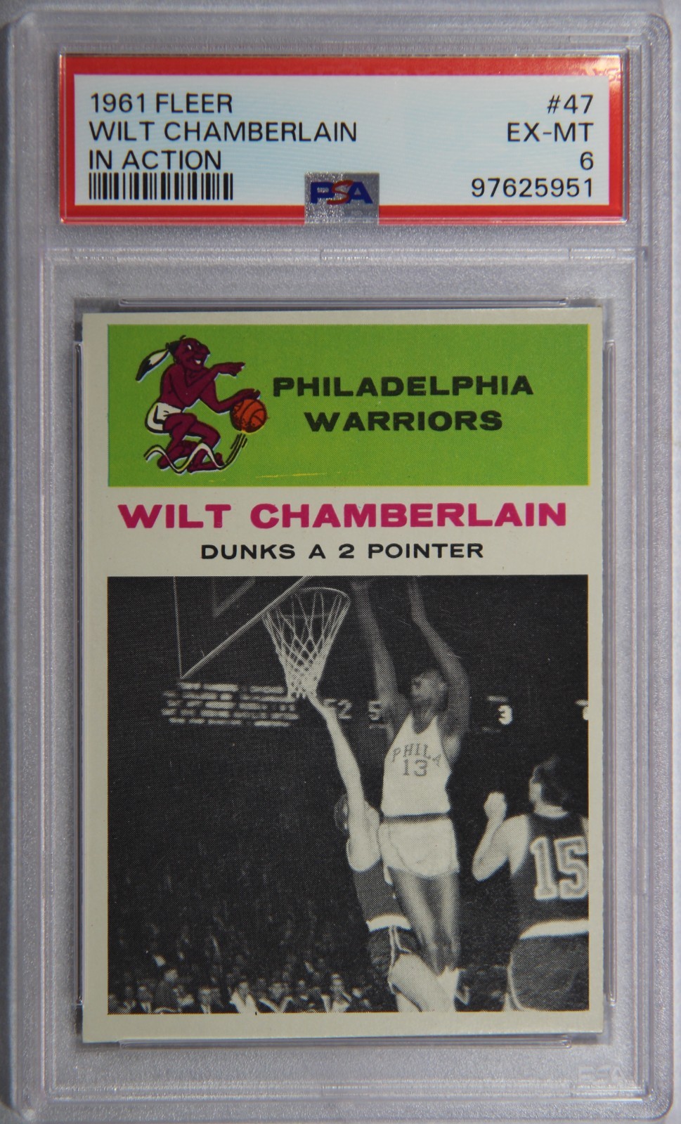 1961 Fleer Basketball Wilt Chamberlain In Action #47 PSA 6 EX-MT HOF Rookie RC
