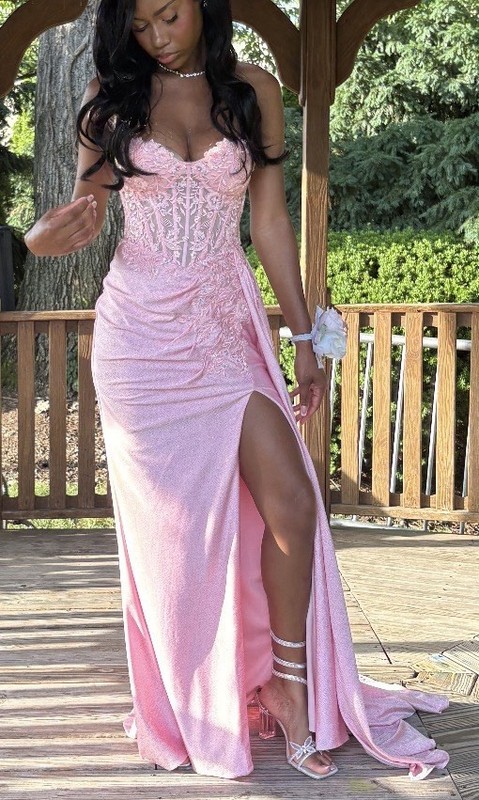 Stacees Pink Strapless Lace Corset Back Maxi Formal Dress with Slit
