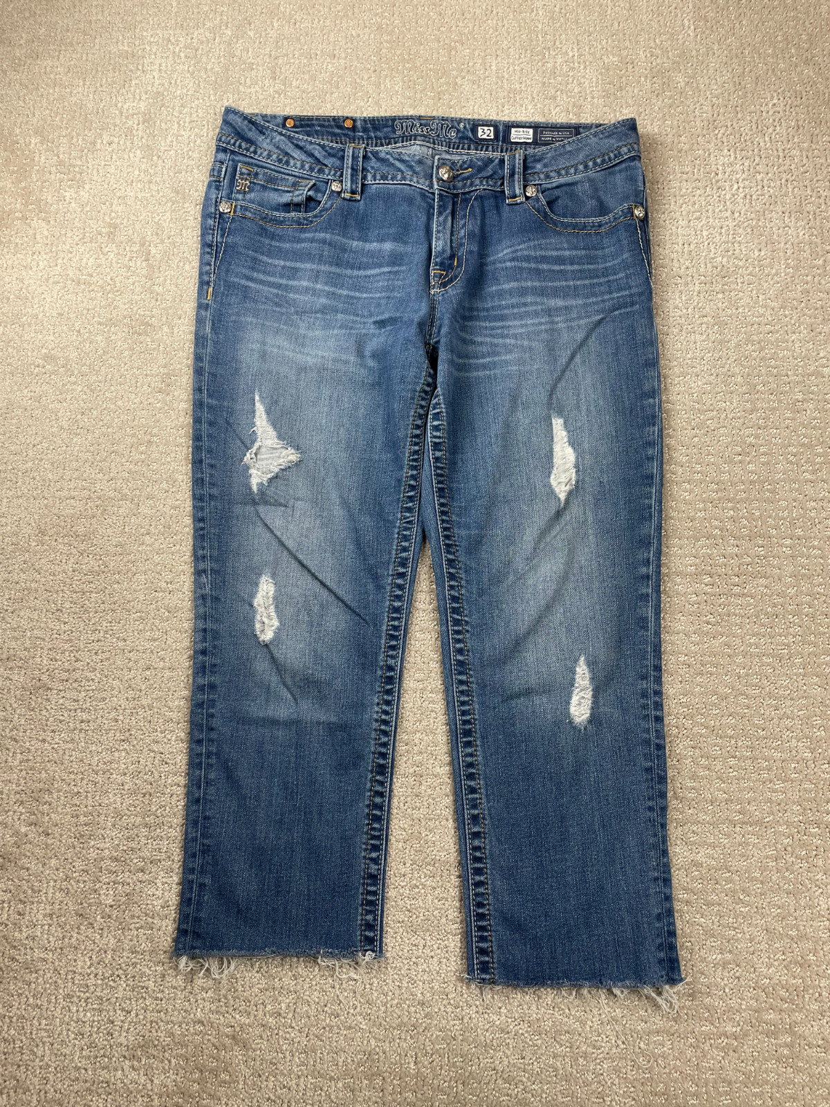 Miss Me Jeans Womens 32 Mid-Rise Stretch Cuffed Skinny Distressed Raw Hem Denim