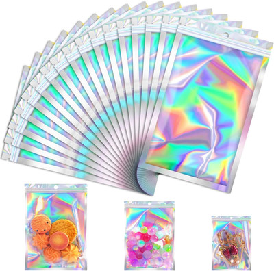 100 Pcs Holographic Mylar Bags, Smell Proof & Resealable Bag for Small Busine...