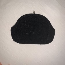 Vintage Black Glass Beaded Clutch Kiss Lock Flower Pattern Made in Japan